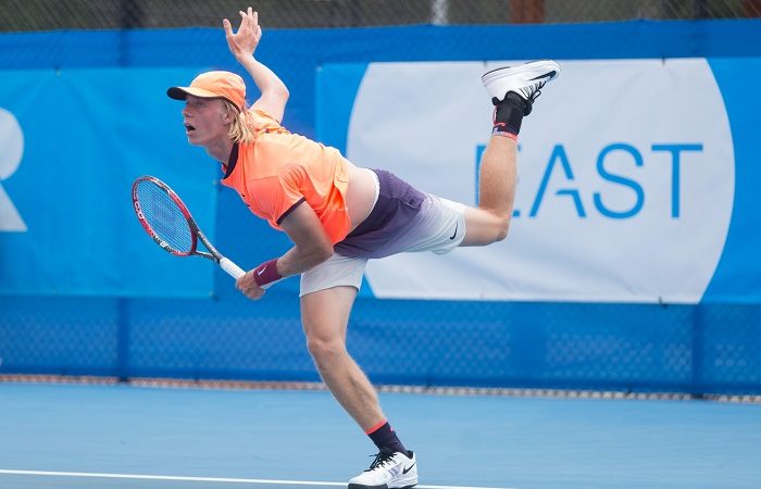 Denis Shapovalov (CAN) in action during day three of the East Hotel Canberra Challenger. Match was played at the Canberra Tennis Centre in Lyneham, Canberra, ACT on Monday 9 January 2017 #eastCBRCH #TennisACT. Photo: Ben Southall.