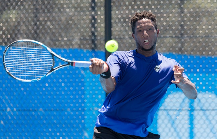 Nathan Pasha (USA) in action during day one of the East Hotel Canberra Challenger. Match was played at the Canberra Tennis Centre in Lyneham, Canberra, ACT on Saturday 7 January 2017 #eastCBRCH #TennisACT. Photo: Ben Southall.