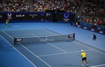 Rafael Nadal of Team Spain plays Alex de Minaur of Team Australia on Ken Rosewall Arena during their Group D match on Day 5 of the 2023 United Cup in Sydney on Monday, January 2, 2023. MANDATORY PHOTO CREDIT Tennis Australia/ James Gourley