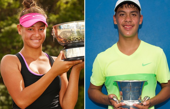 Violet Apisah (L)  and Mourani Bouzige pose with their trophies after winning the 2015 16?U Australian Championships at Melbourne Park; Elizabeth Xue