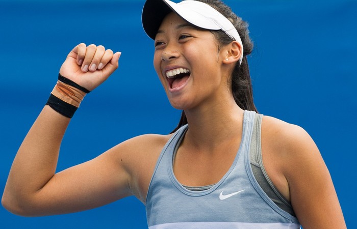 Priscilla Hon celebrates her victory over Maddison Inglis in the final of the 18/U Australian Championships; Elizabeth Xue Bai