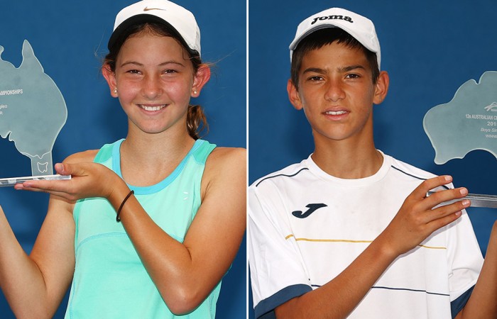 Lara Walker (L) and Philip Sekulic pose with their trophies after winning the 2015 12?U Australian Championships at Melbourne Park; Getty Images