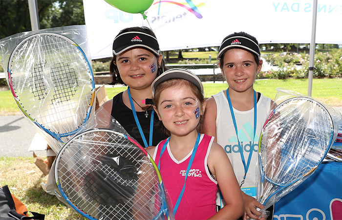 ADELAIDE, AUSTRALIA - January 8. Emi, Eva and Nikolina with their Advertiser Tennis rackets at the WTC Kids day at Pinky Flat War Memorial Drive on January 8, 2018 in Adelaide, Australia. (Photo by Peter Mundy/Tennis SA)