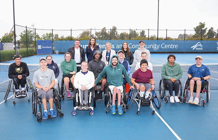 Jin Woodman, Yassin Hill, Anderson Parker, Naomi Oliver, Martyn Dunn, Hayley Slocombe, Finn Broadbent, 
Ben Wenzel, Sally Schwartz, Megan Beatty, Tristan Orchard and Saalim Nasser during the Wheelchair Tennis Camp at Hume Tennis Club in Melbourne on Thursday, December 15, 2022. PHOTO CREDIT Tennis Australia/ Scott Barbour
