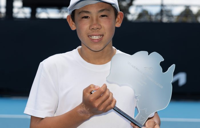 Jenson Yokota-Ho winner of the boys 12/u December Showdown Finals at Melbourne Park on Saturday, December 17, 2022. MANDATORY PHOTO CREDIT Tennis Australia/ FIONA HAMILTON