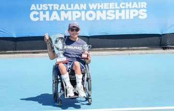 November 10: Trophy presentation to Jin Woodman at the 2024 Australian Wheelchair Tennis National Championships finals at Tennis World Melbourne Park on Sunday, November 10, 2024. Photo by TENNIS AUSTRALIA/ GEORGE SALPIGTIDIS