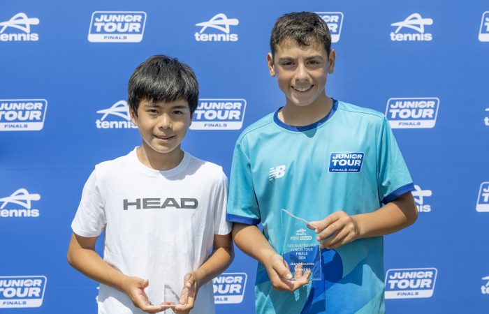 November 9: Christopher Manton and Novak Palombo with their doubles trophies at the 2024 12/u and 14/u Australian Junior Tour Finals at Sydney Olympic Park Tennis Centre in Sydney on Saturday, November 9, 2024. Photo by TENNIS AUSTRALIA/ PHOTOGRAPHER Steve Christo