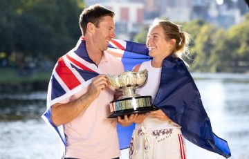 January 24 Mixed doubles winners John Peers (AUS) and Olivia Gadecki (AUS) with their trophy on the banks of the Yarra river during the Australian Open on  Friday, January 24, 2025. Photo by TENNIS AUSTRALIA/ FIONA HAMILTON