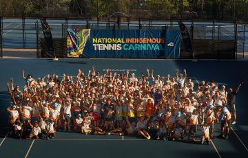 Group photo at the National Indigenous Tennis Carnival Opening Ceremony and Welcome to Country at the Darwin International Tennis Centre for the National Indigenous Tennis Carnival on Thursday, August 10, 2023. MANDATORY PHOTO CREDIT Tennis Australia/ SCOTT BARBOUR