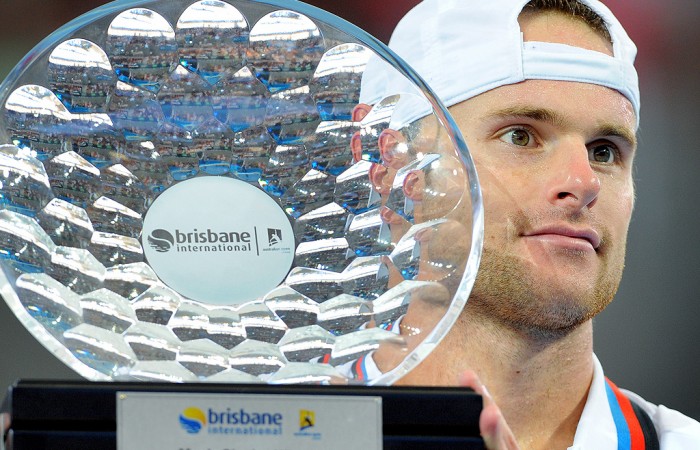Andy Roddick of the US holds the trophy aloft after defeating Radek Stepanek in the men's final at the Brisbane International tennis tournament in Brisbane on January 10, 2010. Roddick held off a magnificent fightback from Stepanek to claim a thrilling 7-6 (7/2), 7-6 (9/7) victory in the final.  AFP PHOTO/William WEST (Photo credit should read WILLIAM WEST/AFP/Getty Images)
