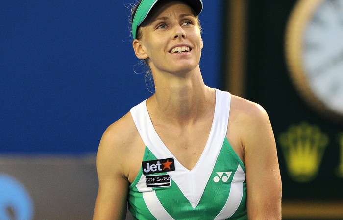 Elena Dementieva of Russia pauses while playing against Justine Henin of Belgium in their women's singles second round match on day three of the 2010 Australian Open.  AFP PHOTO / TORSTEN BLACKWOOD 