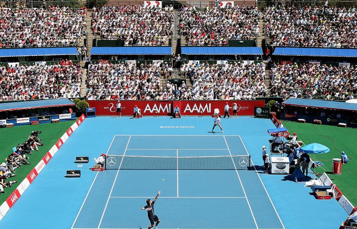 XXX of YYY plays a fore/backhand in his third round match against XXX of YYY during day three of the AAMI Classic at the Kooyong Lawn Tennis Club on January 16, 2009 in Melbourne, Australia.