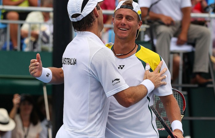 CAIRNS, AUSTRALIA - SEPTEMBER 18:  Lleyton Hewitt and Paul Hanley of Australia Olivier Rochus and Ruben Bemelmans of Belgium during day two of the Davis Cup tie between Australia and Belgium at Cairns International Tennis Centre on September 18, 2010 in Cairns, Australia.  (Photo by Robert Cianflone/Getty Images)