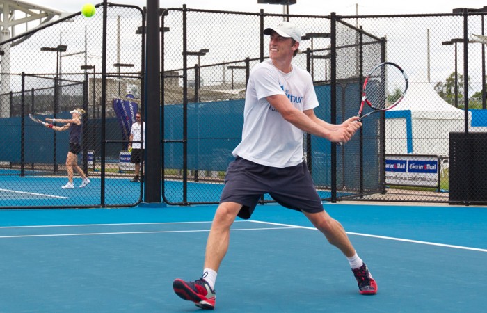 John Millman at practice in the leap up to the Brisbane International 2011. Tennis Australia.