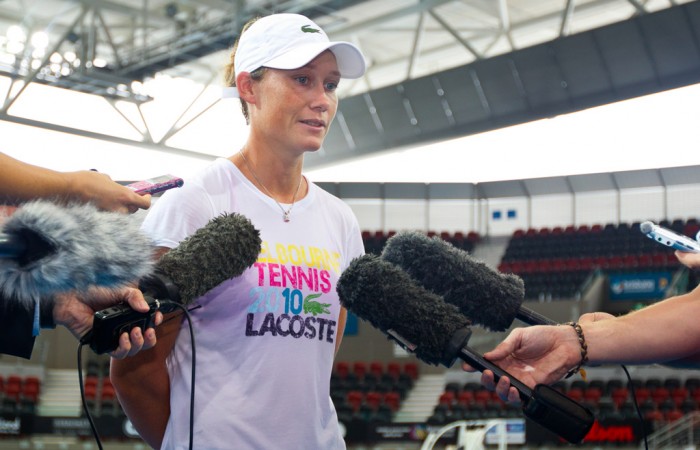 Sam Stosur talks to the press following her practice session for the Brisbane International 2011. Tennis Australia.