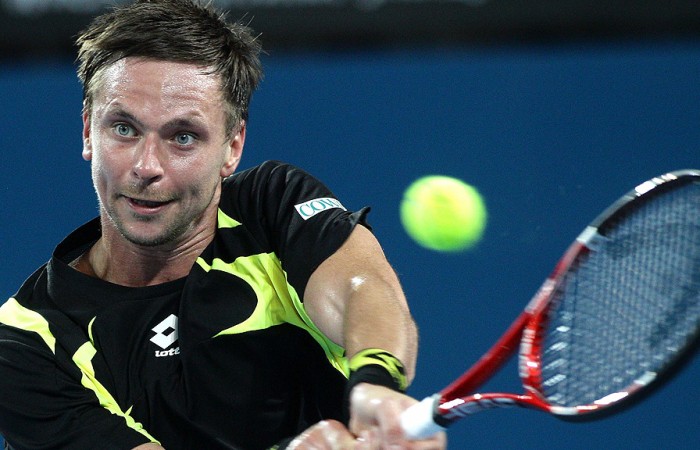 Robin Soderling plays a backhand during his second round win over Ryan Harrison at the Brisbane International. GETTY IMAGES