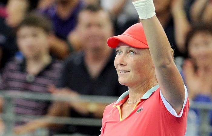 Sam Stosur waves to the crowd after defeating Lucie Hradecka in the first round of the Brisbane International. GETTY IMAGES