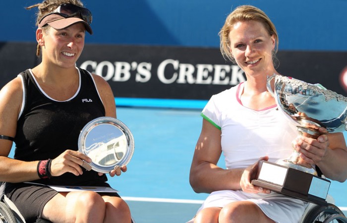 Daniela Di Toro and Esther Vergeer with their Australian Open trophies.