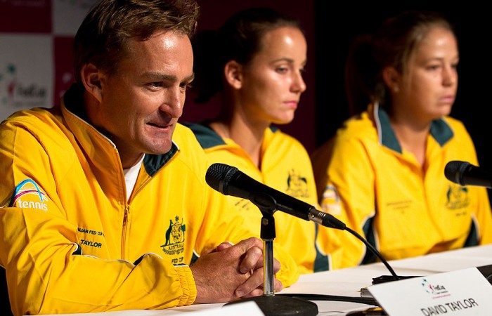 Australian Fed Cup Captain Dave Taylor faces the media ahead of his team's tie against Ukraine. Photo: Tennis Australia