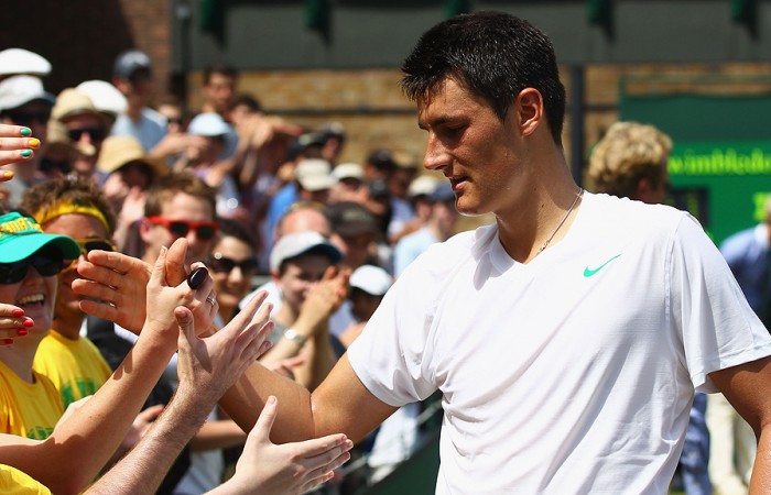 Bernard Tomic thanks the Aussie fans after his fourth round win at Wimbledon 2011. Getty Images