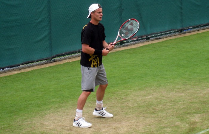 Lleyton Hewitt hits the practice courts at Wimbledon. 