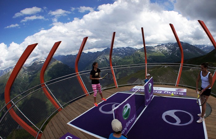 Jarmila Gajdosova (right) and Julia Goerges play tennis on a mountain in Gastein, Austria. Photo: Sony Ericsson