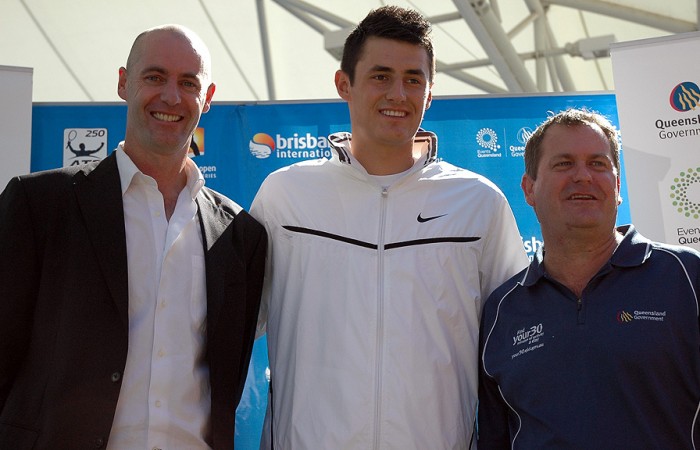 New star signing (l to r:) Tournament Director Cameron Pearson, Bernard Tomic and Queensland Minister for Sport Phil Reeves.