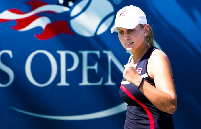 30th of August 2011. Jelena Dokic celebrates during her first round match on day 2 of the US Open. Mark Riedy.