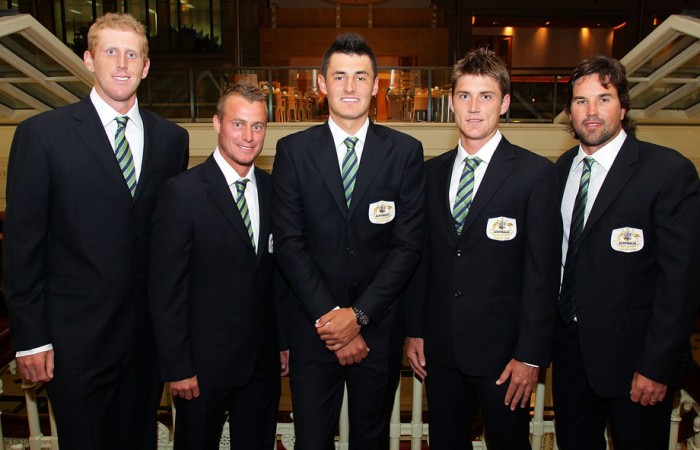 The Australian Davis Cup team lines up before the official dinner. GETTY IMAGES