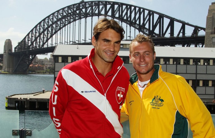 Roger Federer and Lleyton Hewitt at the Davis Cup draw in Sydney today. GETTY IMAGES