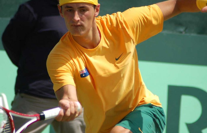Bernard Tomic in action at the Davis Cup tie in Geelong: Kim Trengove