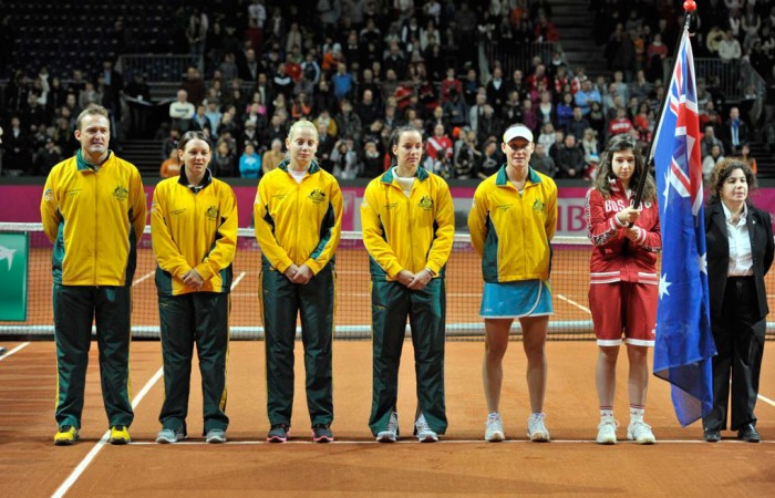 The Australians take part in the opening ceremony on day 1 of the tie in Fribourg. FRESHFOCUS