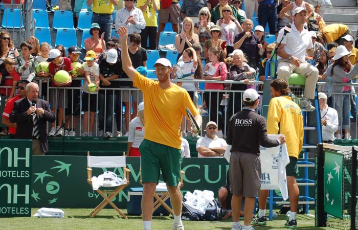 Chris Guccione waves to the crowd after winning his singles rubber against Wu Di at the Davis Cup tie at Geelong: Kim Trengove 