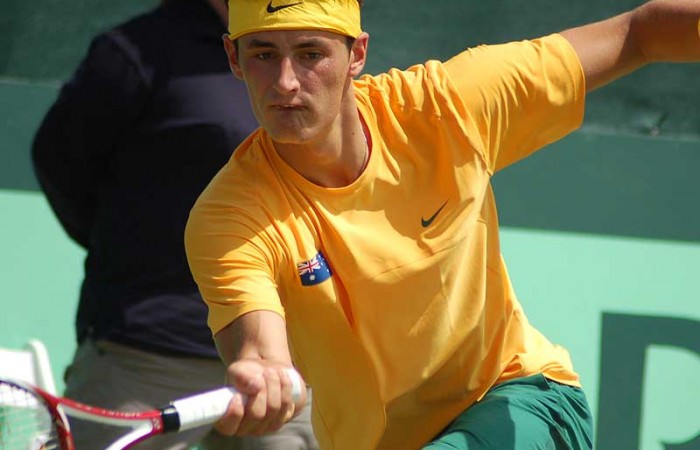 Bernard Tomic in action at the Davis Cup tie in Geelong: Kim Trengove 