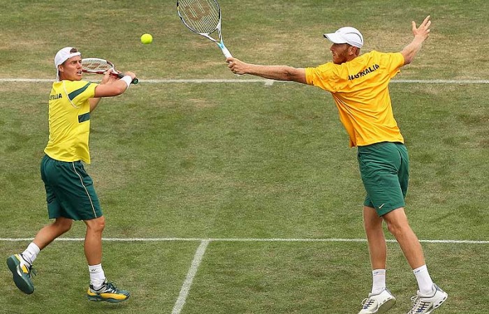 Lleyton Hewitt and Chris Guccione in doubles action at the Geelong tie against China: Getty Images 