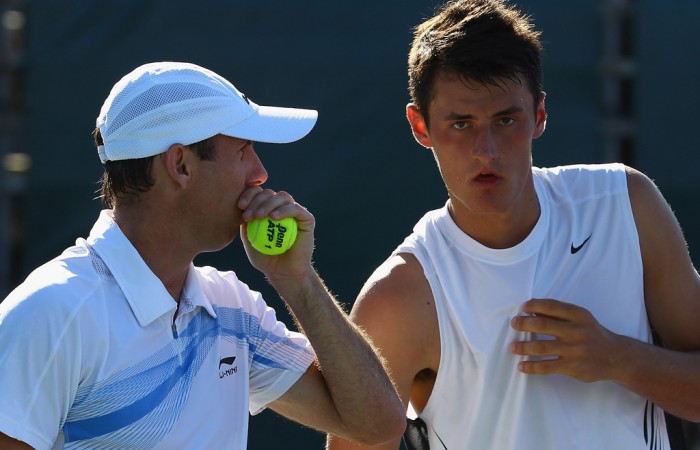 Tomic (R) looked to continue his run in Miami in the doubles draw when he paired with compatriot Paul Hanley, but the wildcard duo fell to American top seeds Bob and Mike Bryan; Getty Images