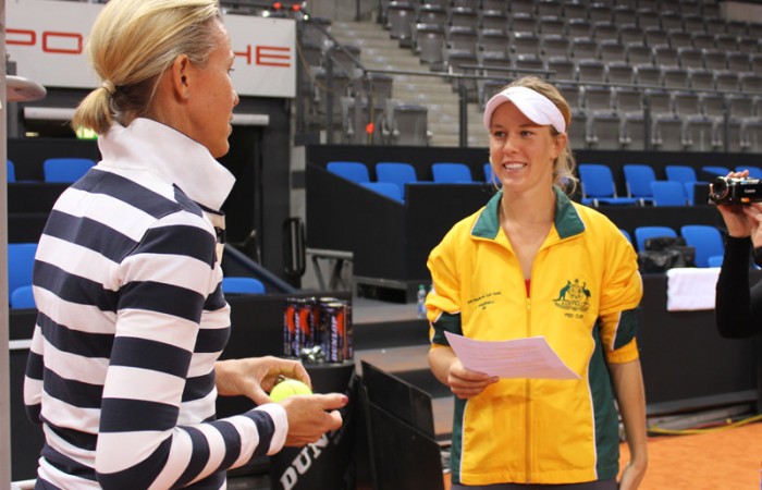 Olivia Rogowska interviews Fed Cup coach Nicole Bradtke at Stuttgart's Porsche Arena ahead of Australia's tie against Germany; Tennis Australia