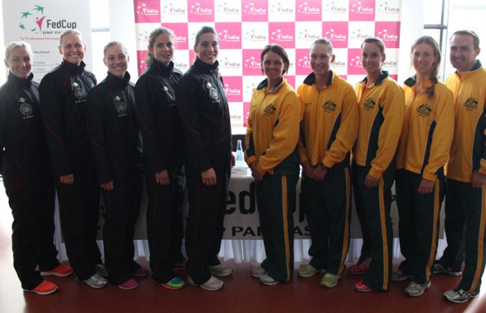 The Australian and German Fed Cup teams pose for photos at the official draw ceremony ahead of their World Group Play-off tie in Stuttgart on 21-22 April; Tennis Australia
