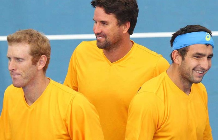 Chris Guccione, Pat Rafter and Marinko Matosevic at the Davis Cup in Brisbane, Australia v Korea, Queensland Tennis Centre: Getty Images