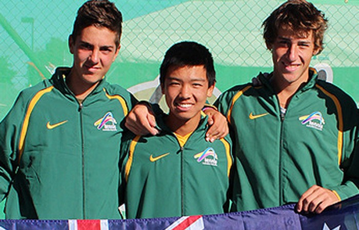 Australian Junior Davis Cup team (L-R) Thanasi Kokkinakis, Li Tu and Daniel Guccione; Bill Conroy