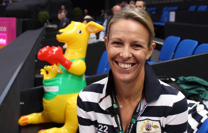 Australian Fed Cup coach Nicole Bradtke, accompanied by an inflatable Australian mascot; Tennis Australia