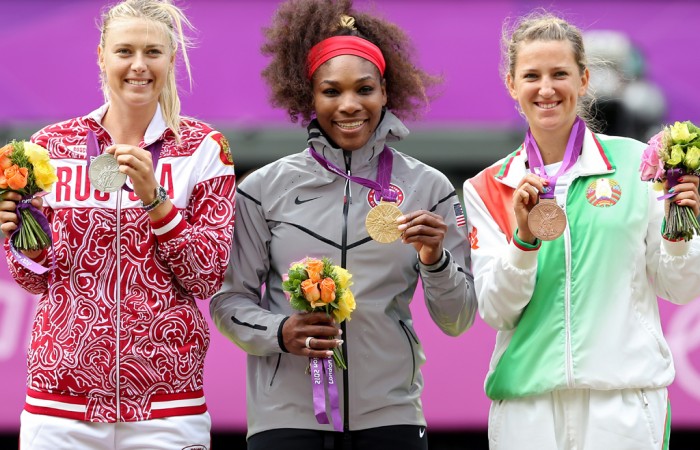 (L-R) silver medallist Maria Sharapova of Russia, gold medallist Serena Williams of the United States and bronze medallist Victoria Azarenka of Belarus pose on the podium during the medal ceremony for the women's singles event at London 2012; Getty Images