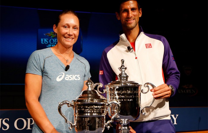 Sam Stosur and Novak Djokovic at the US Open 2012 draw ceremony. Getty Images.