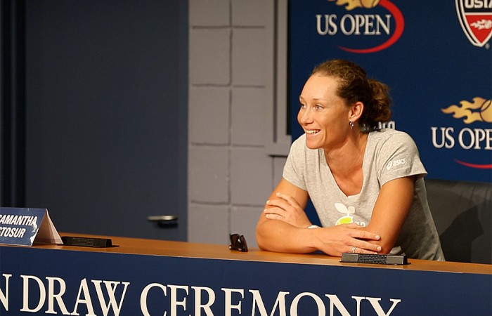 Sam Stosur answers questions from the press during her pre tournament press conference at Flushing Meadows, New York. Tennis Australia.