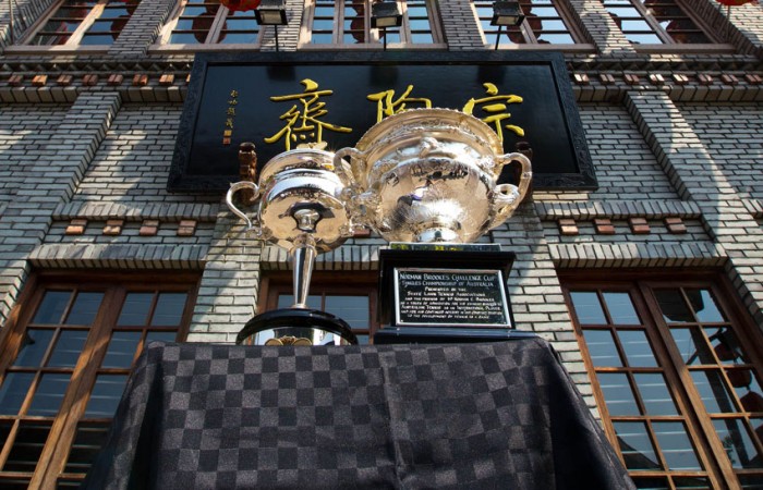 The Norman Brookes Challenge Cup and Daphne Akhurst Memorial Trophy at Huang Lane, Fuzhou, China during the 2012 Australian Open Trophy Tour; Mark Riedy