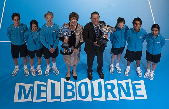 Margaret Court and Ashley Cooper pose with the Australian Open trophies as part of the Australian Open 2013 Launch at Melbourne Park; Tennis Australia