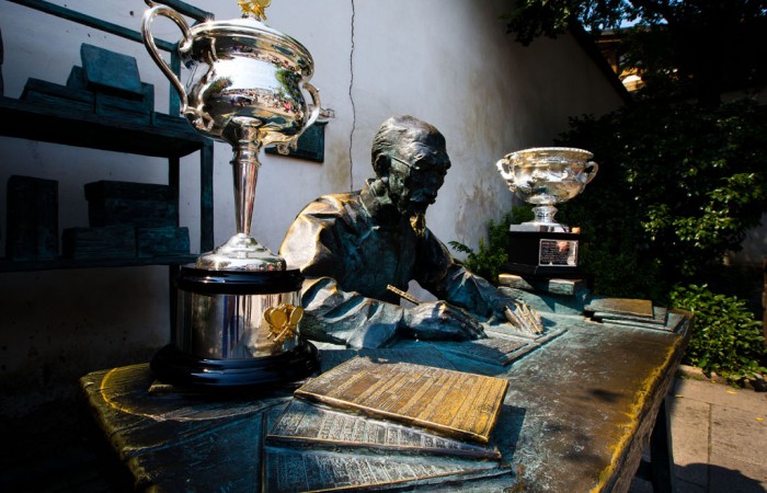 The Norman Brookes Challenge Cup and Daphne Akhurst Memorial Trophy at Huang Lane, Fuzhou, China during the Australian Open Trophy Tour; Mark Riedy