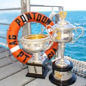 The Australian Open trophies on a pontoon at the Agincourt ribbon reef on the outer edge of the Great Barrier Reef, off the coast of Port Douglas, Queensland; Tennis Australia