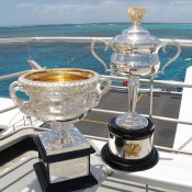 The Norman Brookes Challenge Cup (L) and the Daphne Akhurst Memorial Cup aboard the Quicksilver high-speed wave-piercing catamaran for their tour of the Agincourt Reef on the outer edge of the Great Barrier Reef; Tennis Australia