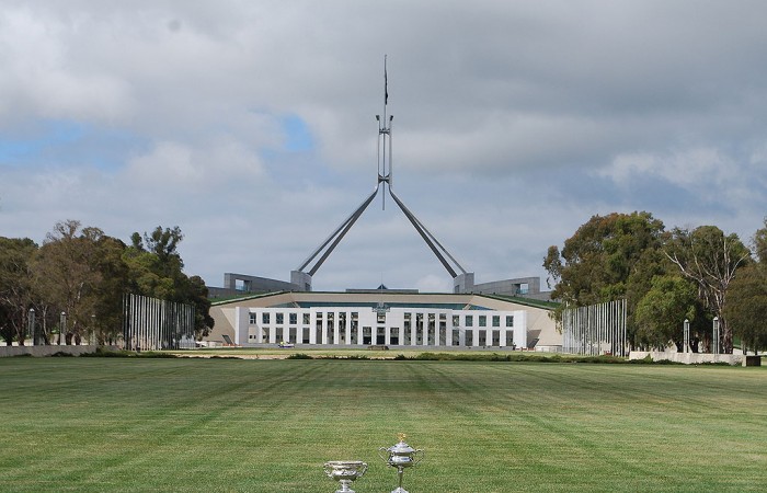 The Australian Open trophies outside Parliament House in Canberra; Tennis Australia